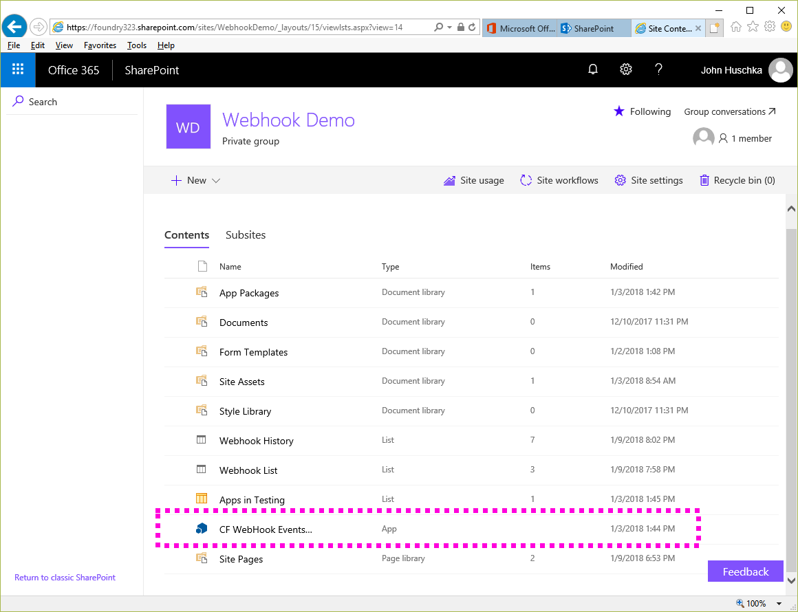 SharePoint add-in in Site Contents